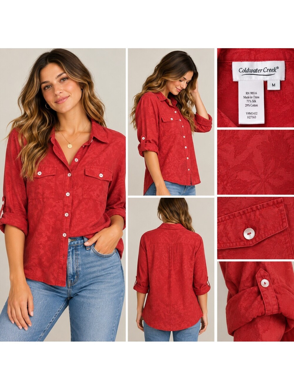 Coldwater Creek Silk blend Red Long Sleeve Button Front Shirt size medium